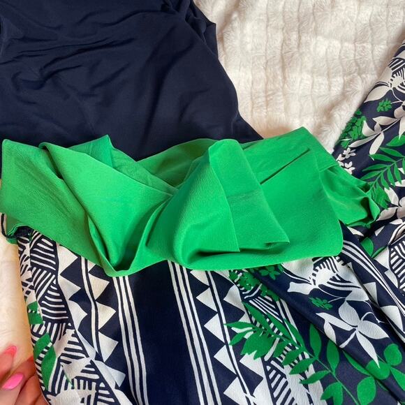 ELIZA J Navy Blue Green Tank Dress Maxi 2 Small Tie Waist Jersey Scarf Print - Picture 3 of 5